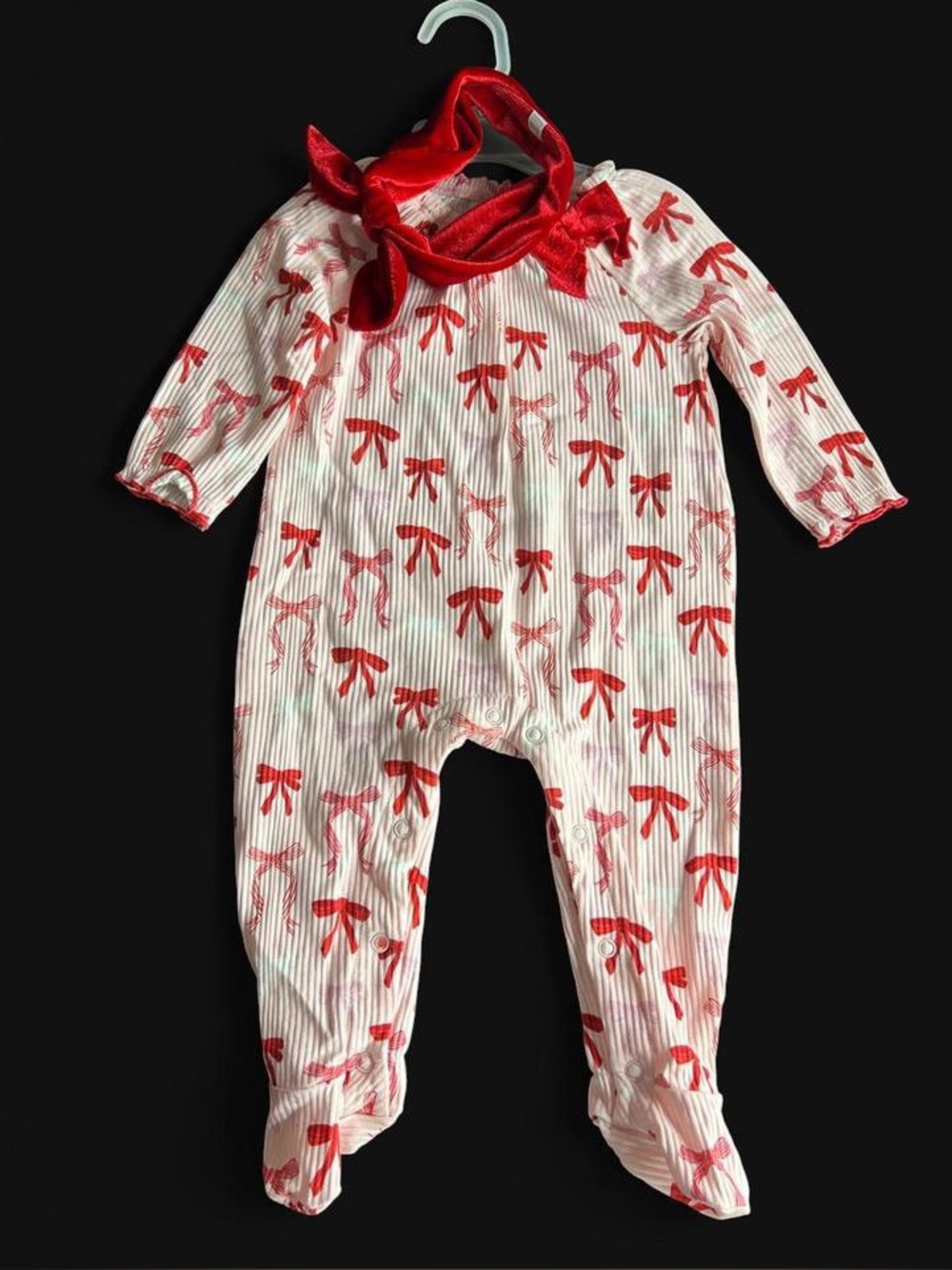 Mud Pie Pink Ribbed One-Piece Footed Sleeper with Red Bow Print